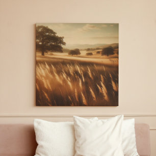 Gouden herfstweide met oude eikenbomen zicht canvas afdruk