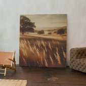 Gouden herfstweide met oude eikenbomen zicht canvas afdruk