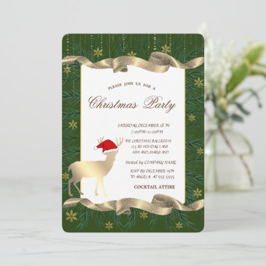 Gouden Hert Santa Hat, Branches Green Christmas Pa Kaart (Staand voorkant)