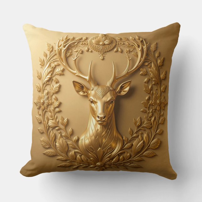 Gouden Herten Bloemensymbool Weelderige Luxe Kussen (Voorkant)