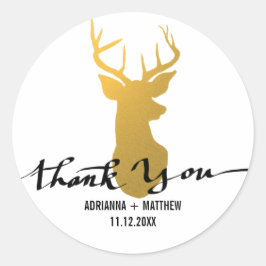 Gouden herten / gewei bruiloft dank u typografie ronde sticker
