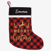 Gouden herten Kerstmonogram met Buffalo Plaid Kleine Kerstsok (Voorkant)