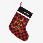 Gouden herten Kerstmonogram op Buffalo Plaid Kleine Kerstsok (Voorkant (Hangend))