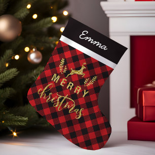 Gouden herten Kerstmonogram op Buffalo Plaid Kleine Kerstsok