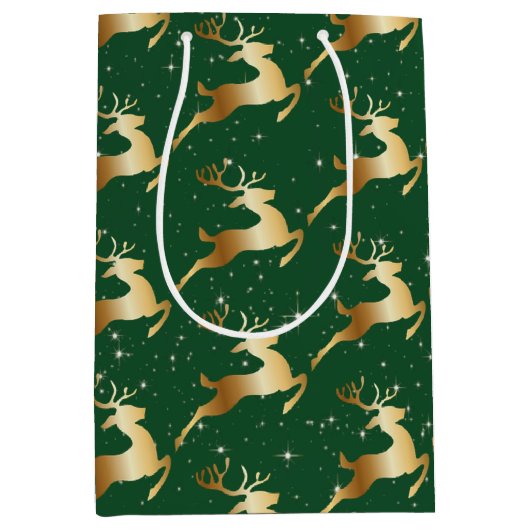 Gouden herten op groen medium cadeauzakje (Voorkant)