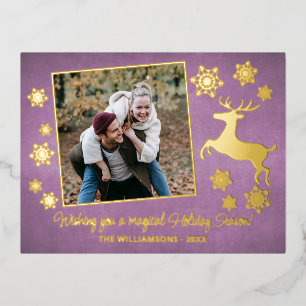 Gouden herten & sneeuwvlokkenpatroon op roze folie feestdagen briefkaart