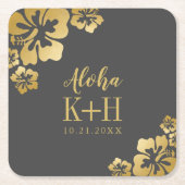 Gouden Hibiscus Aloha Monogram Bruiloft Kartonnen Onderzetters (Voorkant)