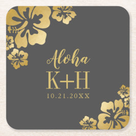 Gouden Hibiscus Aloha Monogram Bruiloft Kartonnen Onderzetters