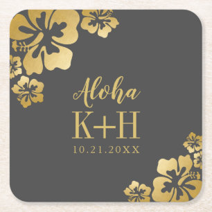 Gouden Hibiscus Aloha Monogram Bruiloft Kartonnen Onderzetters