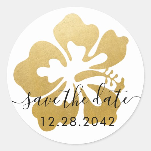 Gouden Hibiscus Tropische Bloem Bewaar de Datum Ronde Sticker (Voorkant)
