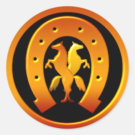 Gouden Hoefijzer en Paarden Ronde Sticker (Voorkant)