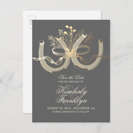 Gouden Hoefijzers Rustiek Land Save the Date Aankondigingskaart (Voorkant / Achterkant)