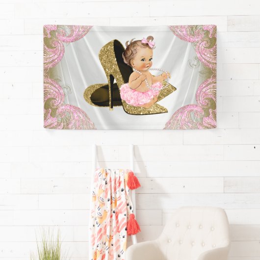 Gouden Hoge Hak Schoen Meisjes Baby shower Spandoek (Insitu)
