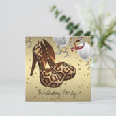 Gouden Hoge Hak Schoenen Vrouwen Luipaard Verjaard Kaart (Staand voorkant)