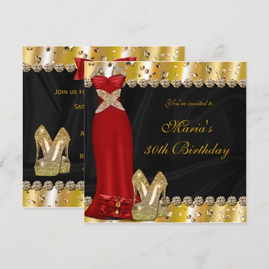 Gouden hoge hakken & rode jurk Uitnodiging van het (Voorkant / Achterkant)