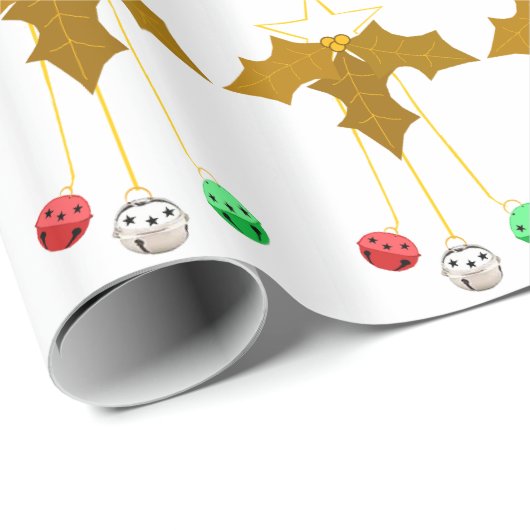 Gouden Holly Jingle Bells White Wrapping Paper Cadeaupapier (Rol Hoek)