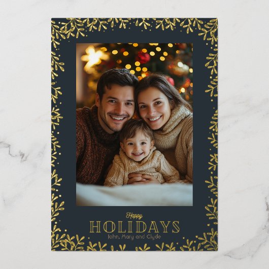 Gouden Holly kerstfoto Folie Feestdagenkaart (Voorkant)