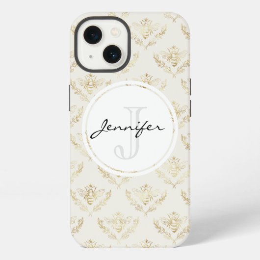 Gouden hommel met kroonpatroon monogram iPhone hoesje (Achterkant)