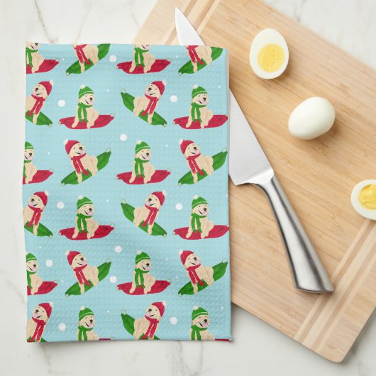 Gouden Hond Winter Sled Dag Keukenhanddoek (Quarter Fold)