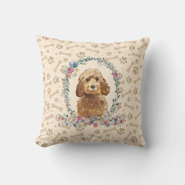 Gouden Honing Cockapoo Hondenpootafdruk & Bloemige Kussen (Voorkant)