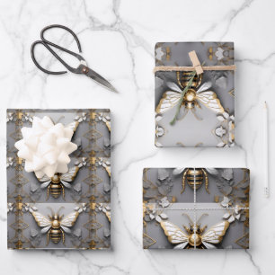 Gouden Honingbij op Dark Floral Canvas Inpakpapier Vel