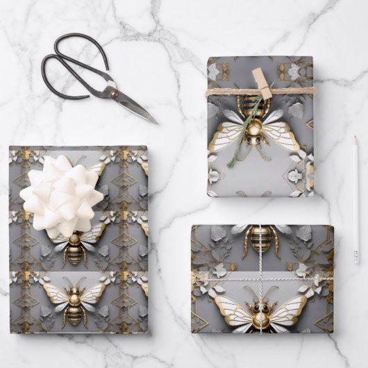 Gouden Honingbij op Dark Floral Canvas Inpakpapier Vel (Voorkant)
