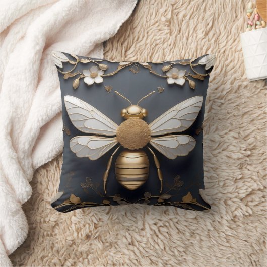 Gouden Honingbij op Floral Canvas Kussen (Deken)