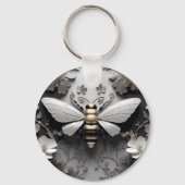 Gouden Honingbij op Floral Canvas Sleutelhanger (Voorkant)