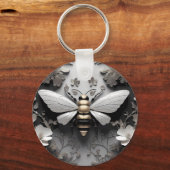 Gouden Honingbij op Floral Canvas Sleutelhanger (Voorkant)