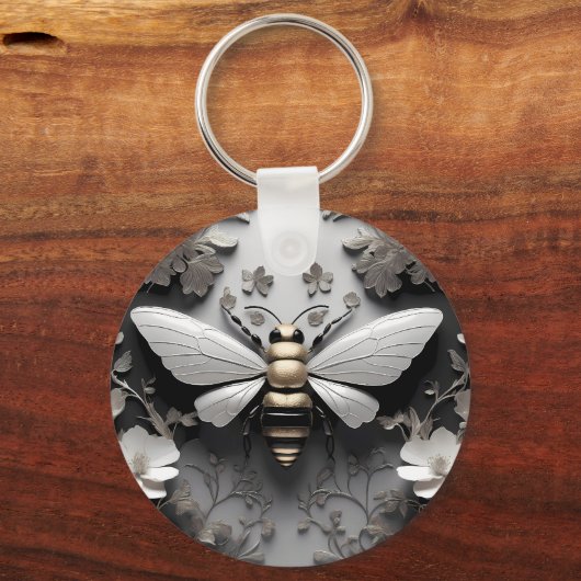 Gouden Honingbij op Floral Canvas Sleutelhanger (Voorkant)