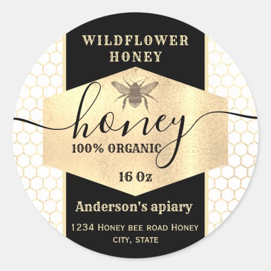  gouden honingbijenschrift honingpot-etiket ronde sticker (Voorkant)
