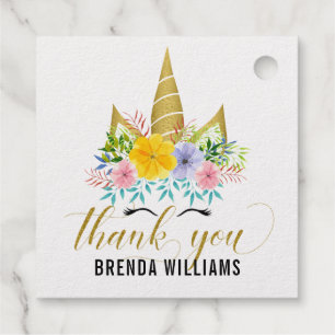 Gouden hoorn eenhoorn & bloemen, dank u typografie bedankjes labels