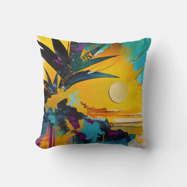 Gouden Horizon – Abstracte Tropische Zonsondergang Kussen (Voorkant)