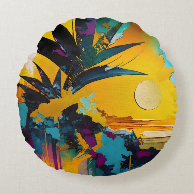 Gouden Horizon – Abstracte Tropische Zonsondergang Rond Kussen (Voorkant)