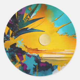Gouden Horizon – Abstracte Tropische Zonsondergang Ronde Sticker