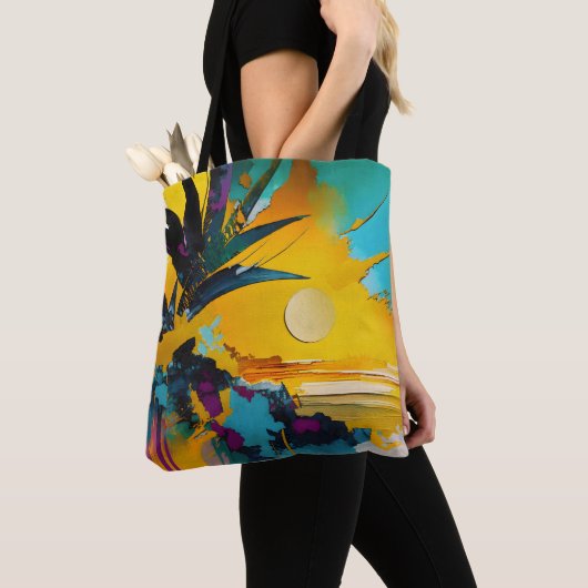 Gouden Horizon – Abstracte Tropische Zonsondergang Tote Bag (Dichtbij)