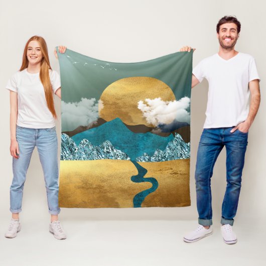 Gouden horizon met blauwe bergen fleece deken (In situ)