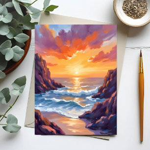Gouden Horizon   Oceaan Gele Zonsondergang Aquarel Briefkaart