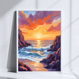 Gouden Horizon | Oceaan Gele Zonsondergang Aquarel Poster