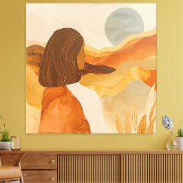 Gouden Horizonnen – Abstracte Woestijnvrouw Canvas Afdruk