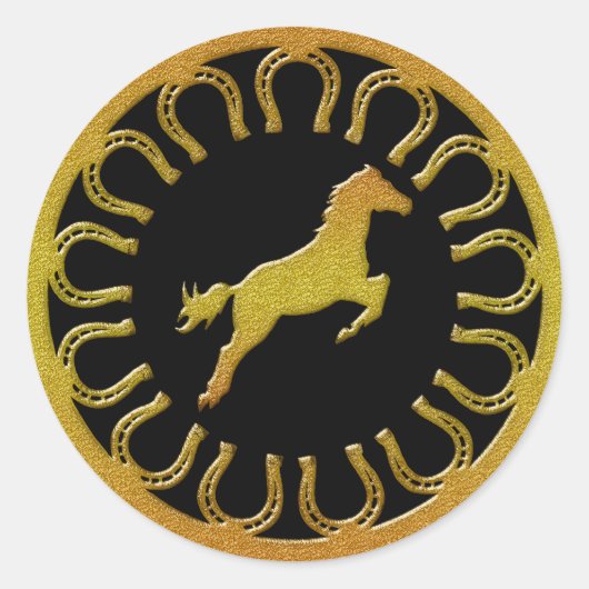 GOUDEN HORSE EN HOEFIJZERS RONDE STICKER (Voorkant)
