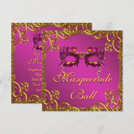 Gouden Hot Pink Mask Masquerade Ball Party Kaart (Voorkant / Achterkant)