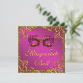 Gouden Hot Pink Mask Masquerade Ball Party Kaart (Staand voorkant)