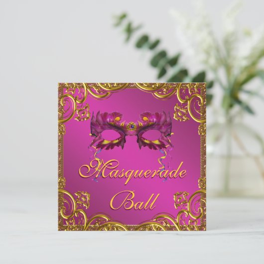 Gouden Hot Pink Mask Masquerade Ball Party Kaart (Staand voorkant)