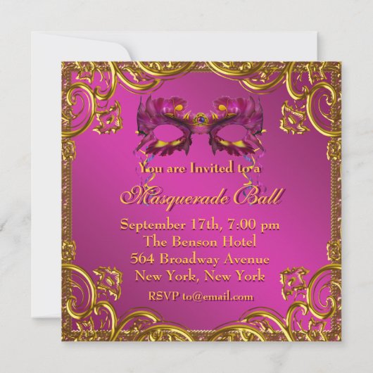 Gouden Hot Pink Mask Masquerade Ball Party Kaart (Achterkant)