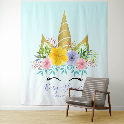 Gouden houd bloem eenhoorn babyshower wandkleed (In situ)