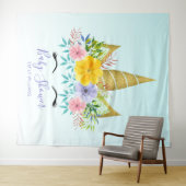 Gouden houd bloemige eenhoorn baby shower wandkleed (In Situ (horizontaal))