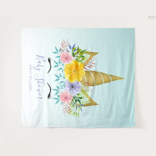 Gouden houd bloemige eenhoorn babyshower wandkleed (Voorkant (horizontaal))