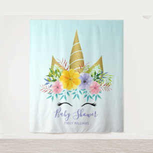 Gouden houd bloemige eenhoorn babyshower wandkleed