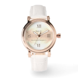 Gouden Houten RN Roze Gouden Witte Leren Horloge